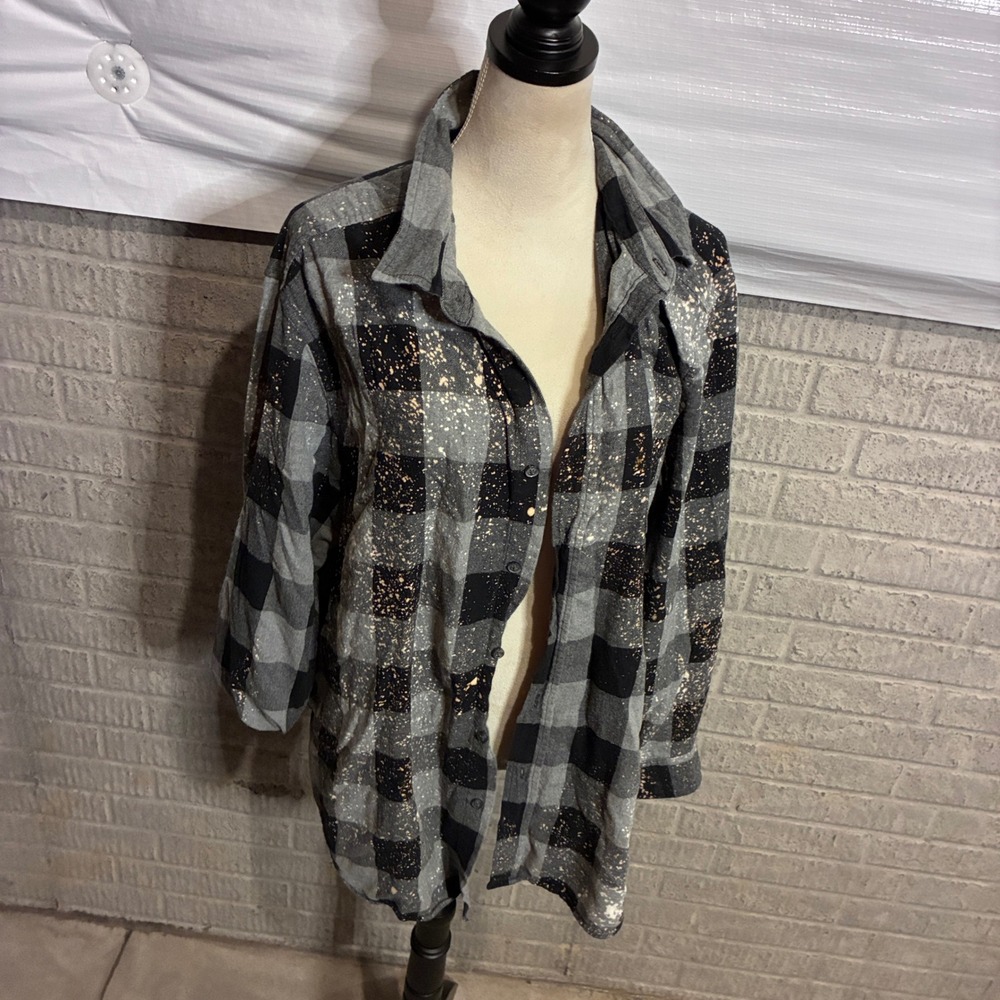 Custom Bleached Ohio State Buckeyes Flannel Shirt Grey Black Plaid XXL Football